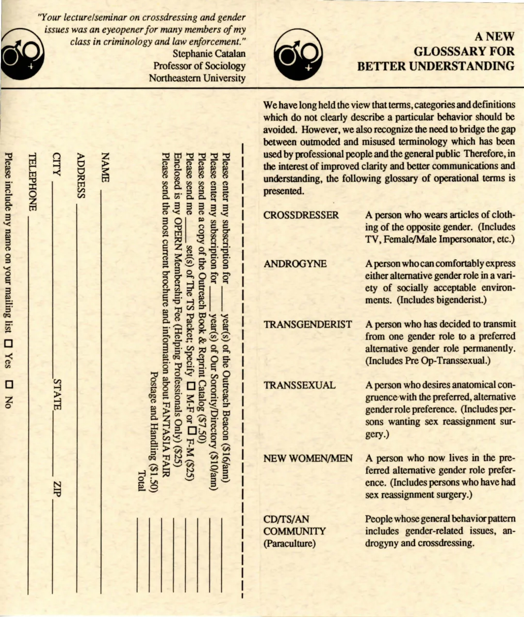 A page of a printed brochure headed with a glossary of operational terms, listing crossdresser, androgyne, transgenderist and transsexual with a short definition beside each.