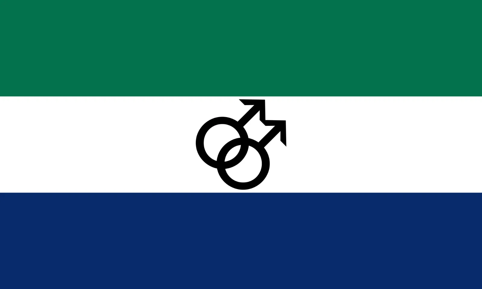 Three bands, green over white over navy, with a black interlocking double-Mars symbol on the white.