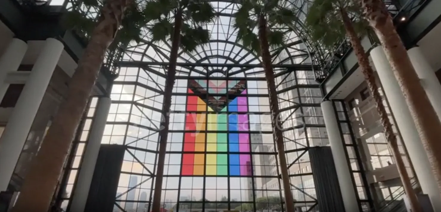 Progress Pride Flag displayed across the glass atrium facade of Brookfield Place, New York City, June 17, 2023