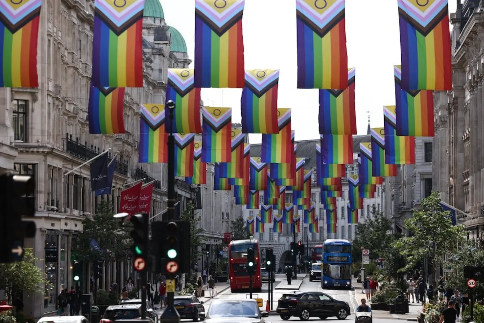 Intersex-Inclusive Progress Pride flags hanging across Regent Street, London, June 26, 2022, ahead of the city's Pride celebrations