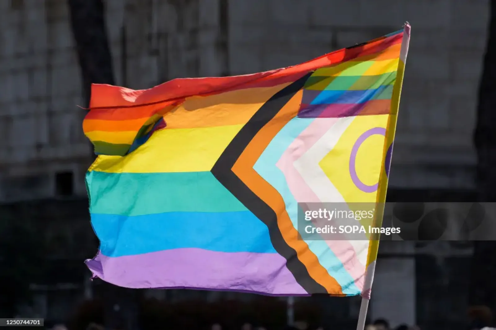 Intersex-Inclusive Progress Pride Flag at a Transgender Day of Visibility demonstration, Rome, April 1, 2023
