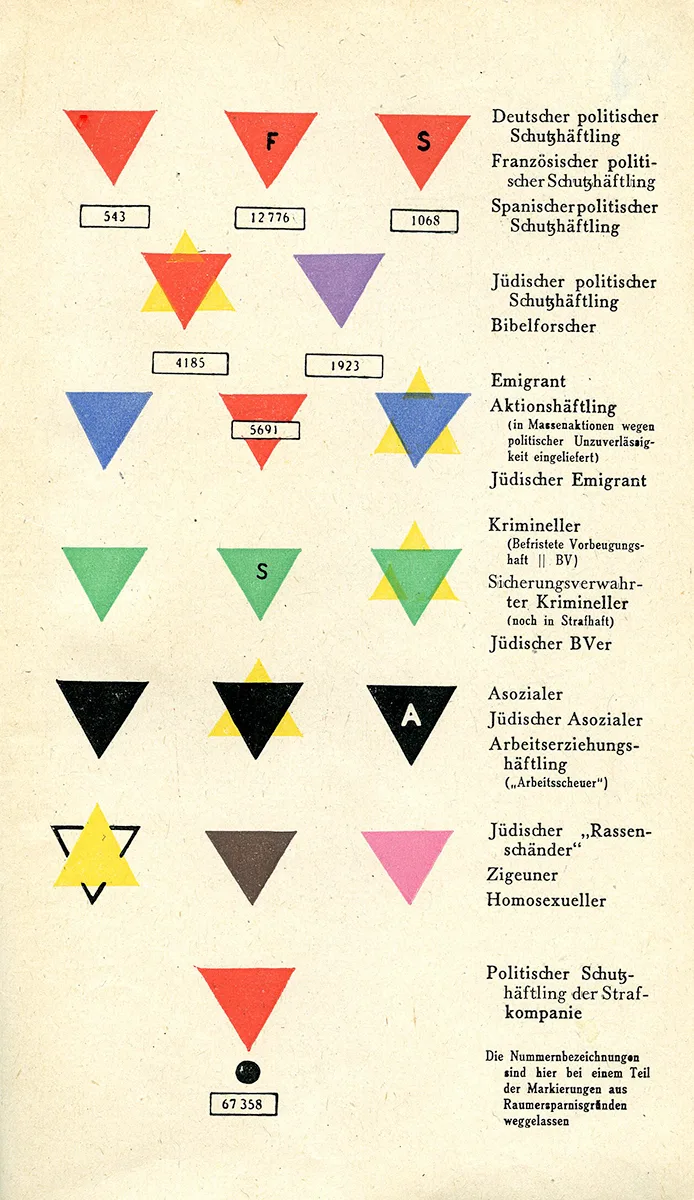 A modern schematic recreation of the Nazi concentration-camp badge system, rows of coloured triangles labelled in German by prisoner category, including a pink triangle for homosexual prisoners.