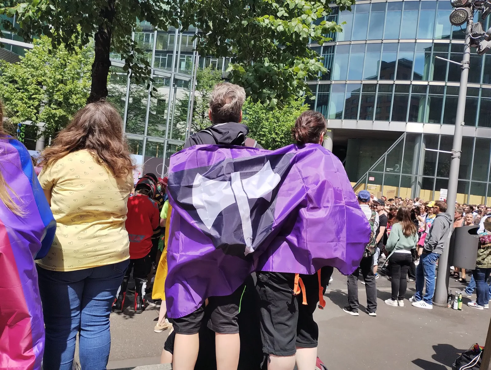 A person seen from behind at a street parade wears the violet labrys flag as a cape across their shoulders, the black inverted triangle and white double-headed axe filling the back. Two people stand pressed either side of them; a glass office tower and a large crowd fill the background.