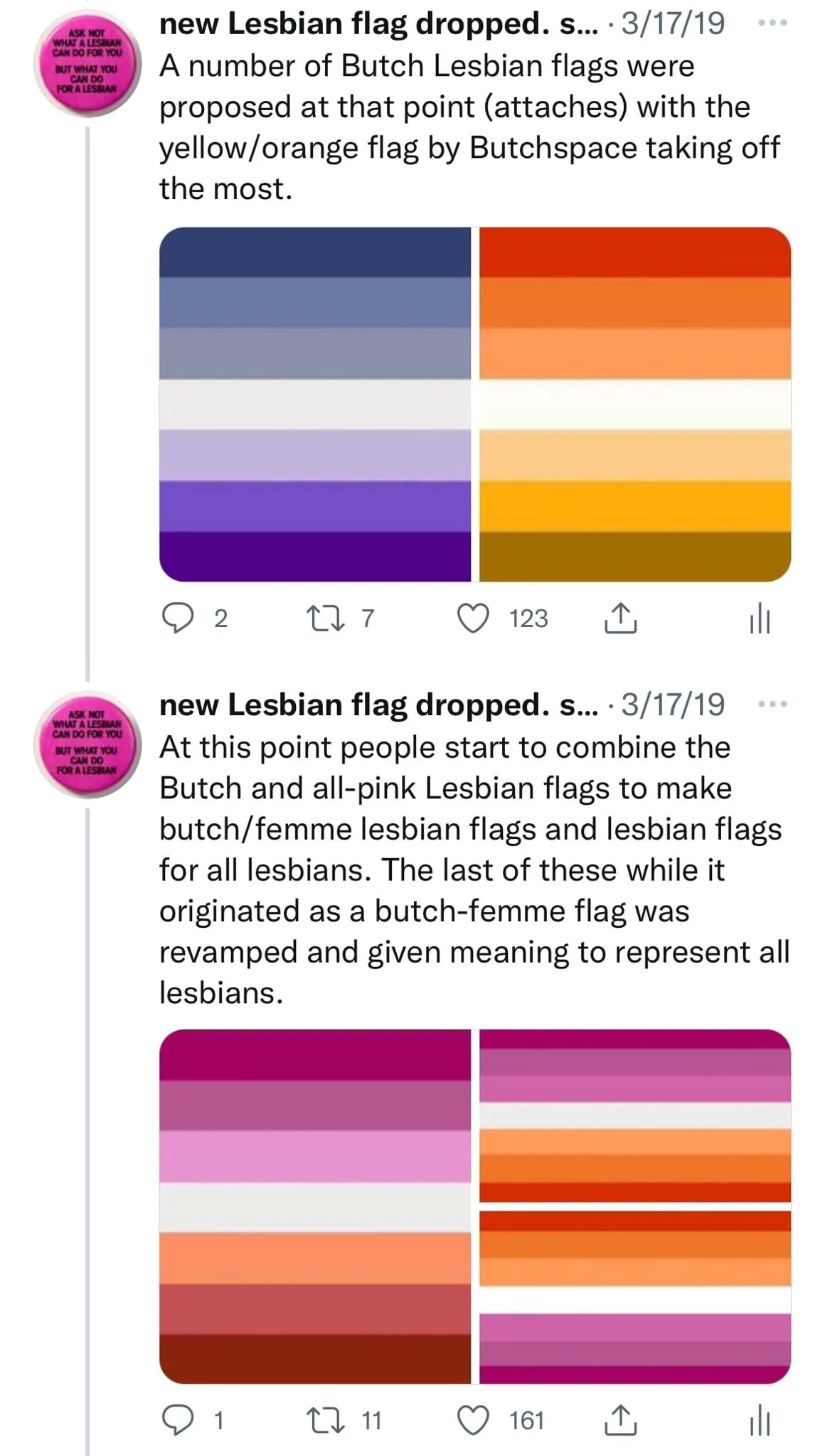 Two screenshotted posts dated 17 March 2019 showing a blue-purple butch flag beside an orange one, then three flags combining pink and orange stripes, with text describing butch flags being proposed and then combined with the all-pink flag.