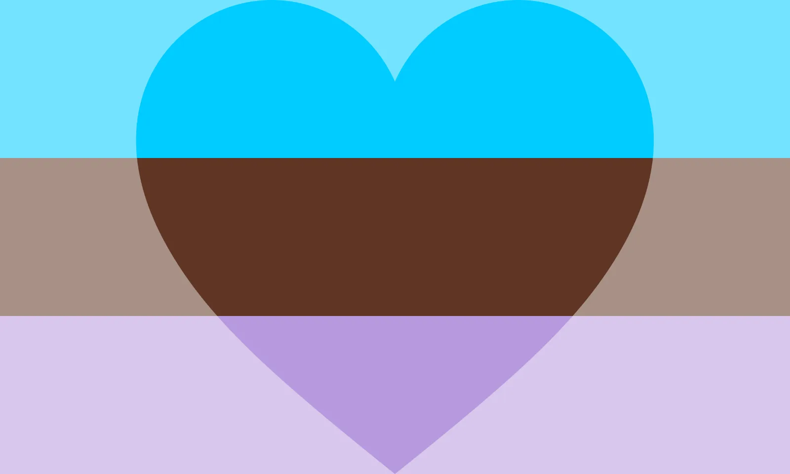 Three equal horizontal bands of cyan, dark brown and light purple. A large heart fills the centre of the flag; the bands are saturated inside the heart and lightened outside it.