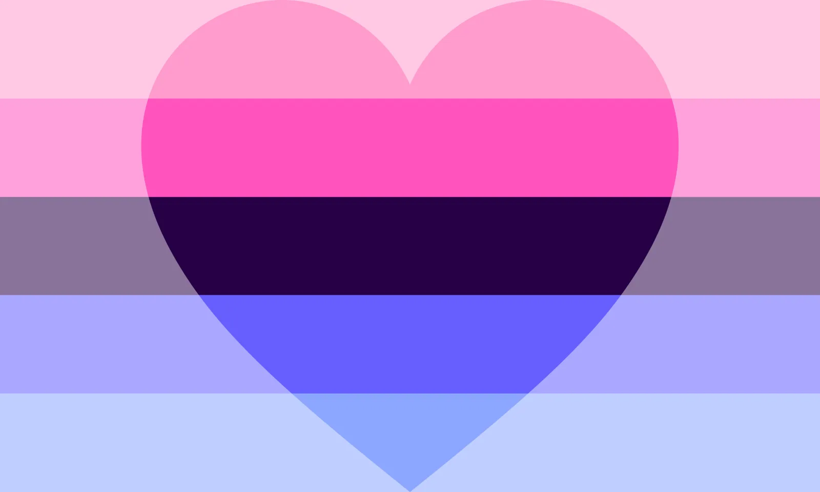 Five equal horizontal bands of light pink, pink, very dark purple, blue and light blue. A large heart fills the centre of the flag; the bands are saturated inside the heart and lightened outside it.