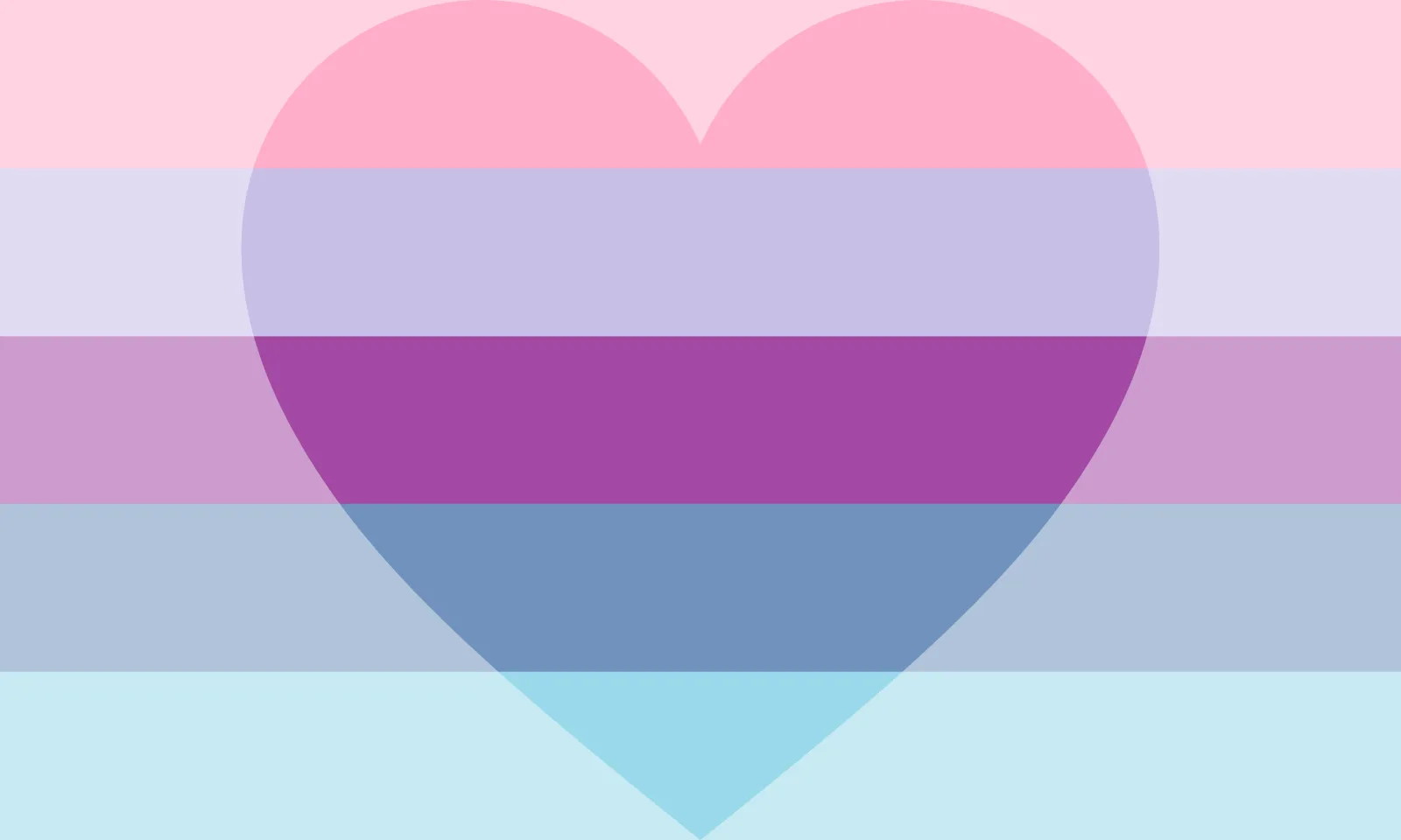 Five equal horizontal bands in pastel pink, lilac, mauve, slate blue and pale cyan, with a large centred heart holding the saturated values.