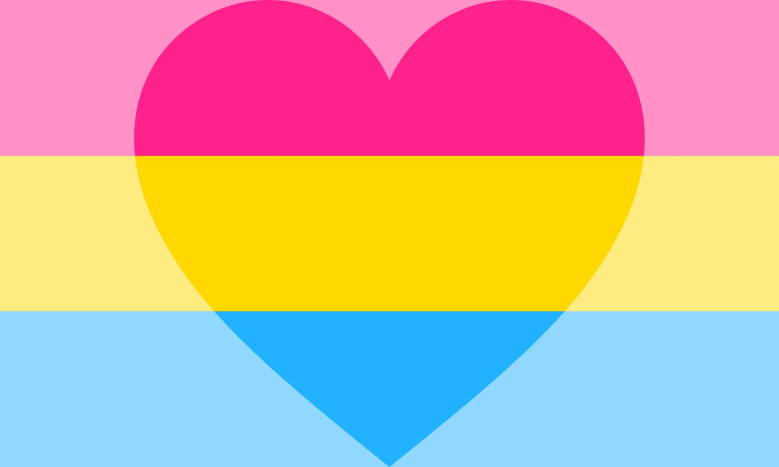 Three equal horizontal bands of magenta, yellow and cyan. A large heart fills the centre of the flag; the bands are saturated inside the heart and lightened outside it.
