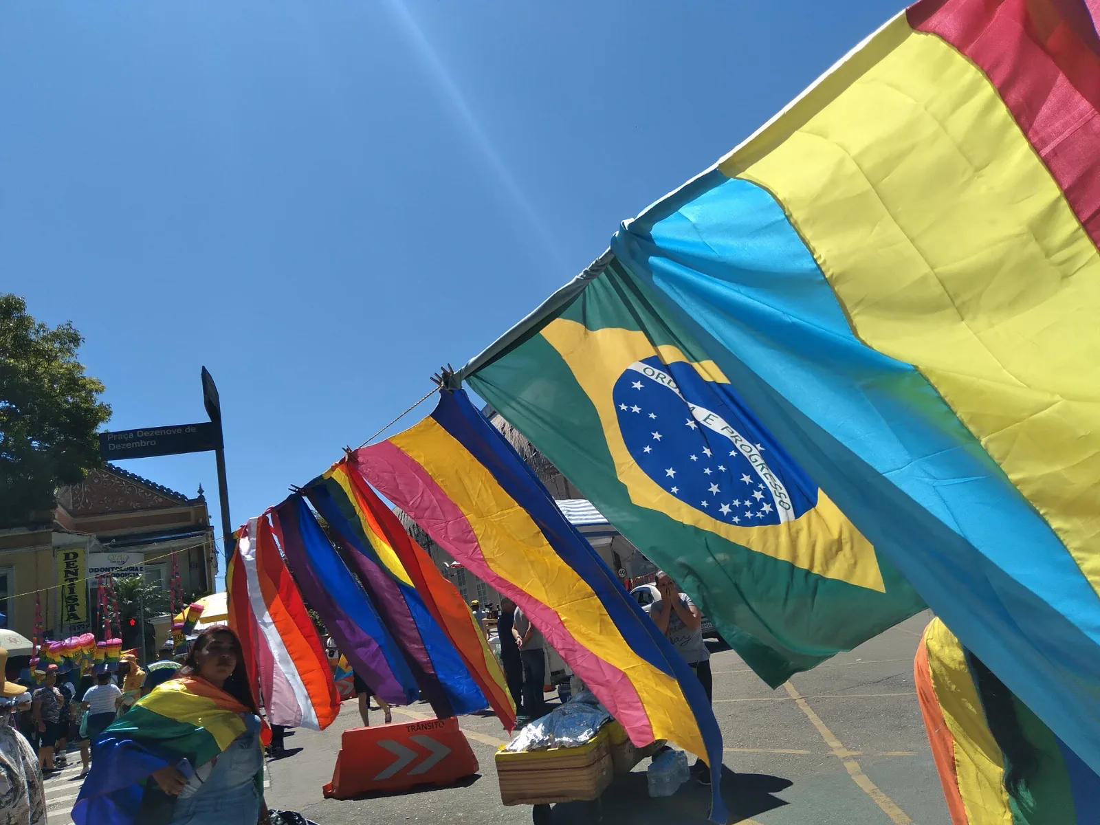 A line of flags strung across a street at Praça 19 de Dezembro in Curitiba, with a large pansexual flag nearest the camera and the Brazilian national flag, rainbow flags and a transgender flag behind it.