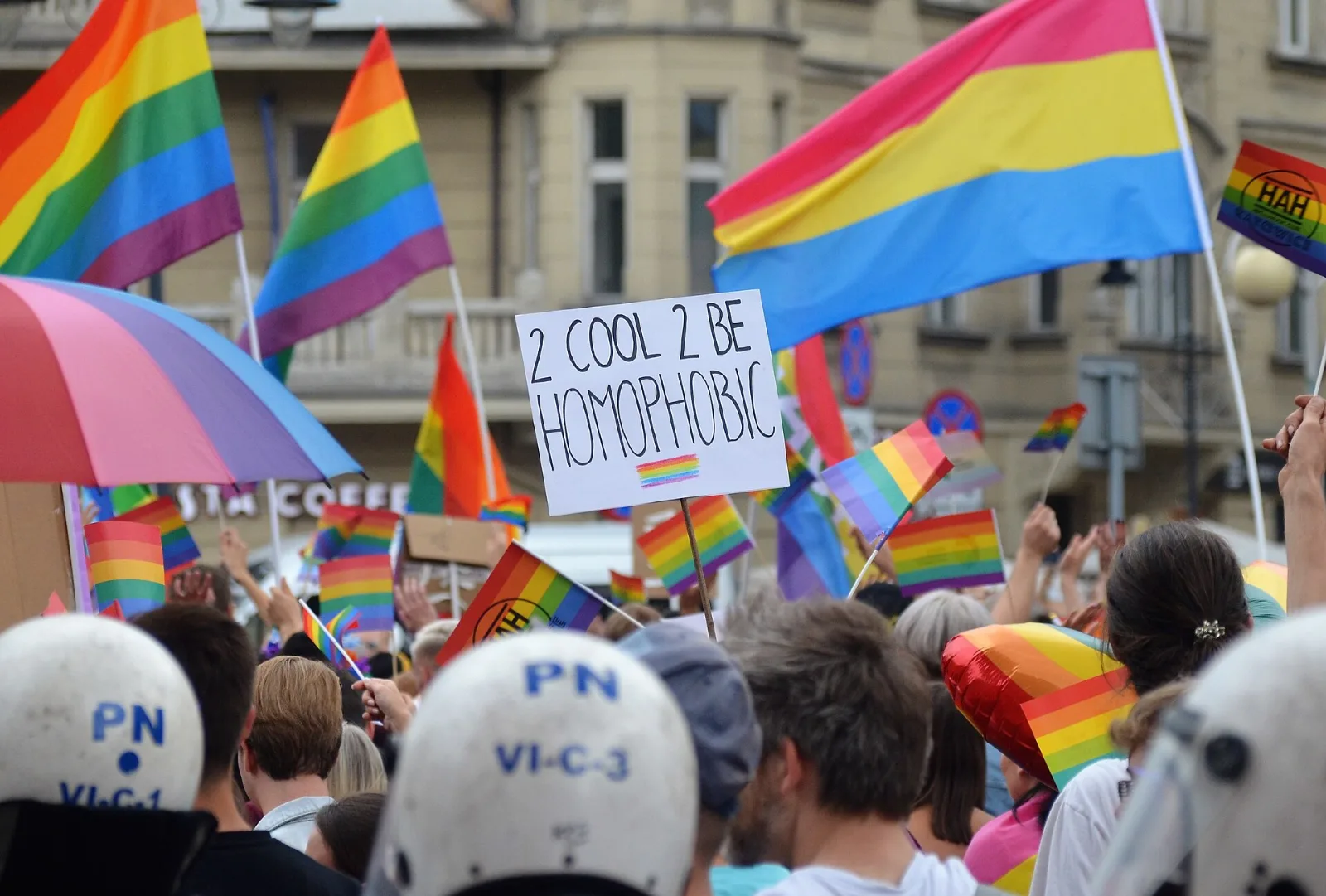A large pansexual flag flying above a crowd of rainbow flags at a march, with a hand-lettered sign reading 2 COOL 2 BE HOMOPHOBIC and the white helmets of Polish police in the foreground.