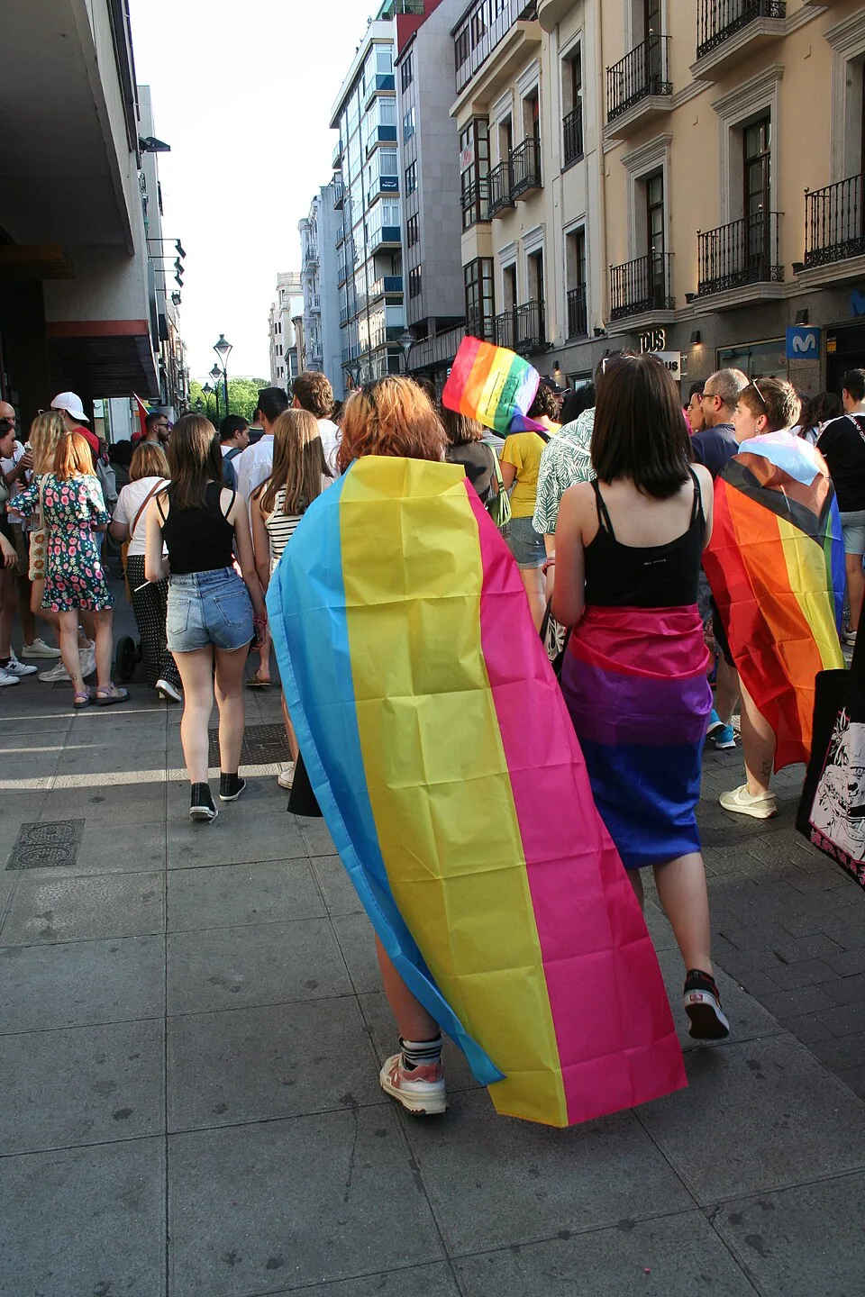 Three people walking at a Pride march wearing flags as capes: a pansexual flag, a bisexual flag in pink, purple and blue, and a Progress flag.