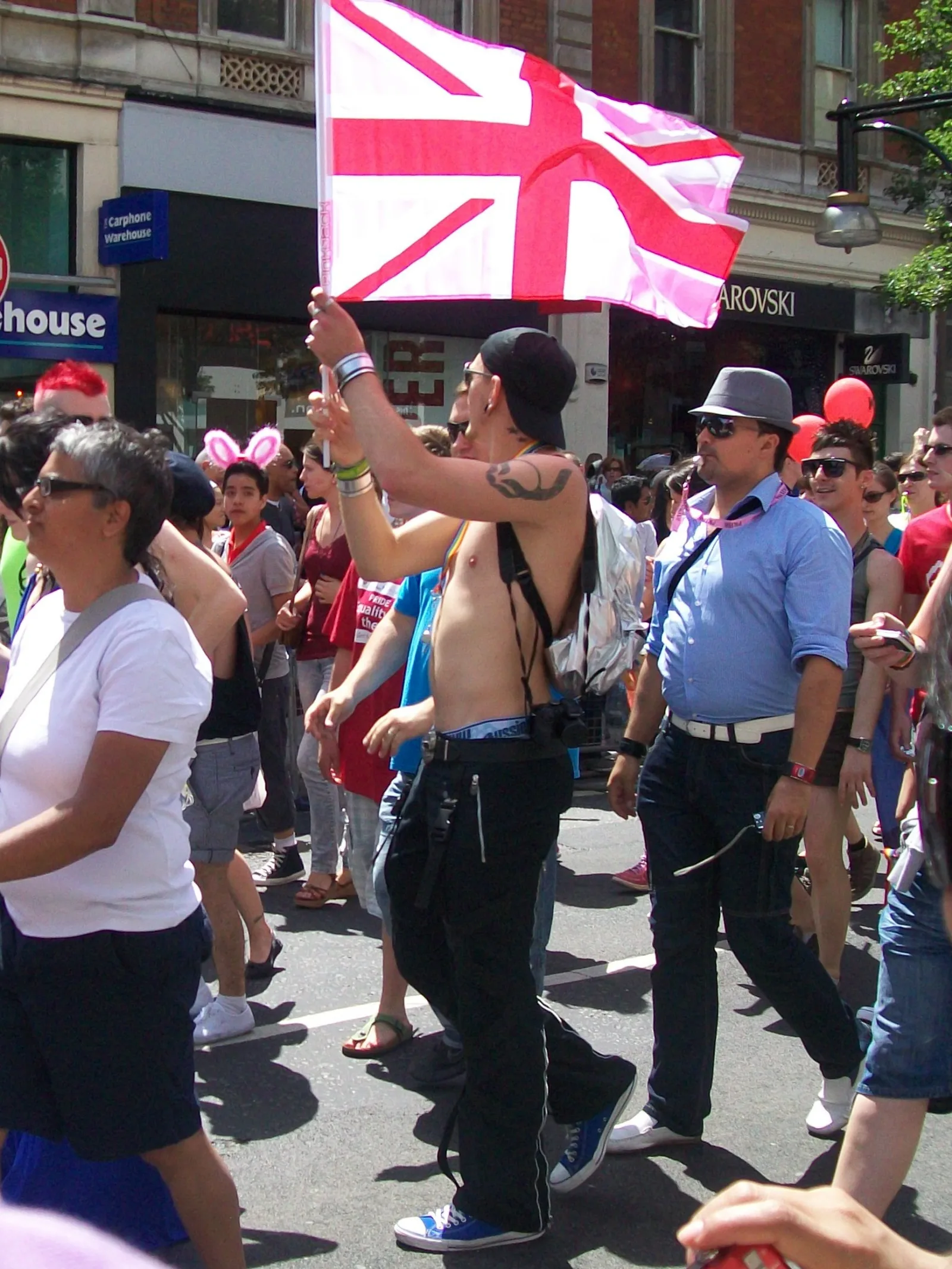 A Pink Jack carried on a pole in the Pride London march.