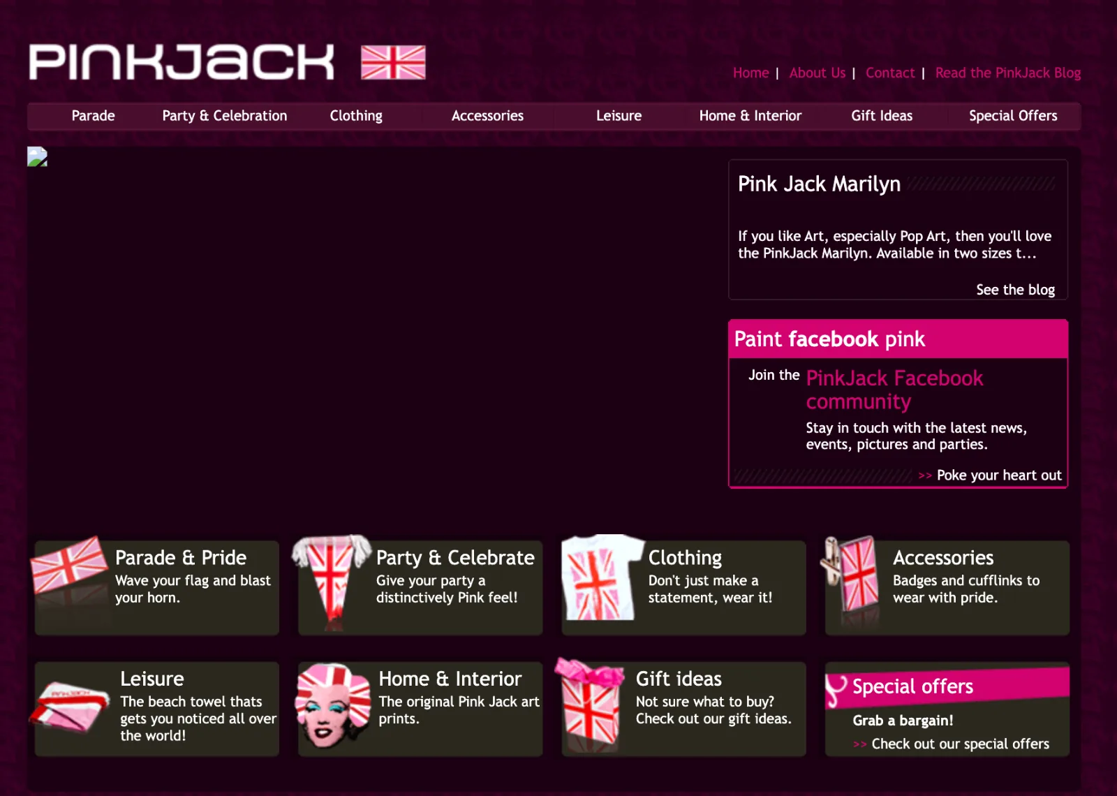 The pinkjack.com shop front page in 2011, with product categories for parade, party, clothing, accessories, leisure, home and gifts.