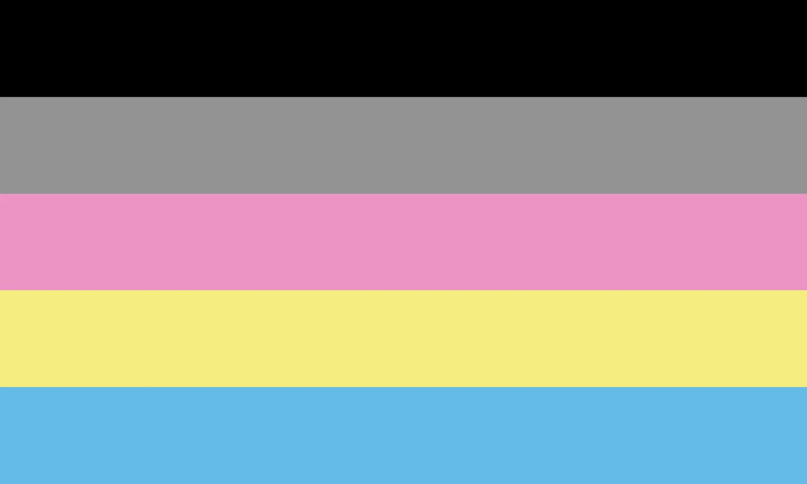 Five horizontal stripes in black, gray, pink, pale yellow, and light blue, representing Polygender identity.