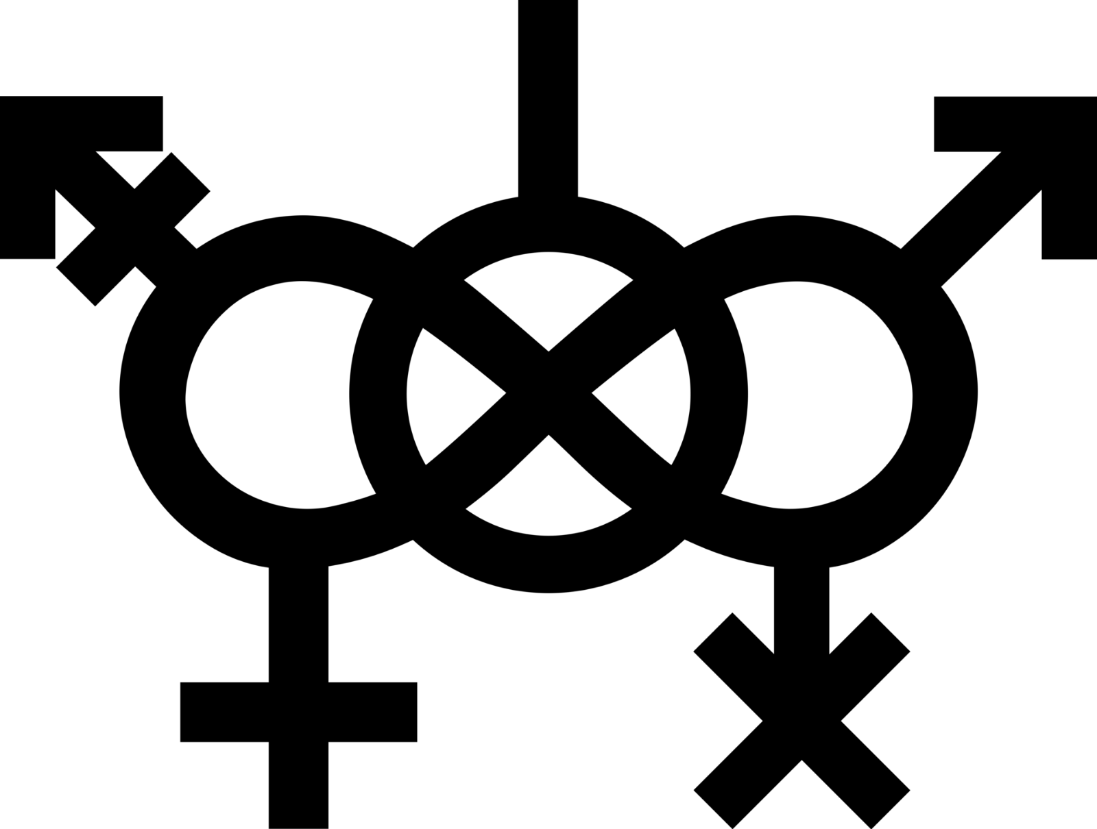 Three interlocking gender symbols in black on white: a Venus sign at the left, a Mars sign at the right, and a combined sign between them.