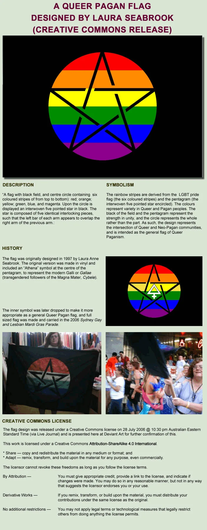 A tall documentation sheet headed A Queer Pagan Flag Designed by Laura Seabrook (Creative Commons Release), showing the flag, its 1997 version with a symbol at the centre of the pentagram, two photographs of the designer with a full-sized flag, and sections for description, symbolism, history and licence.