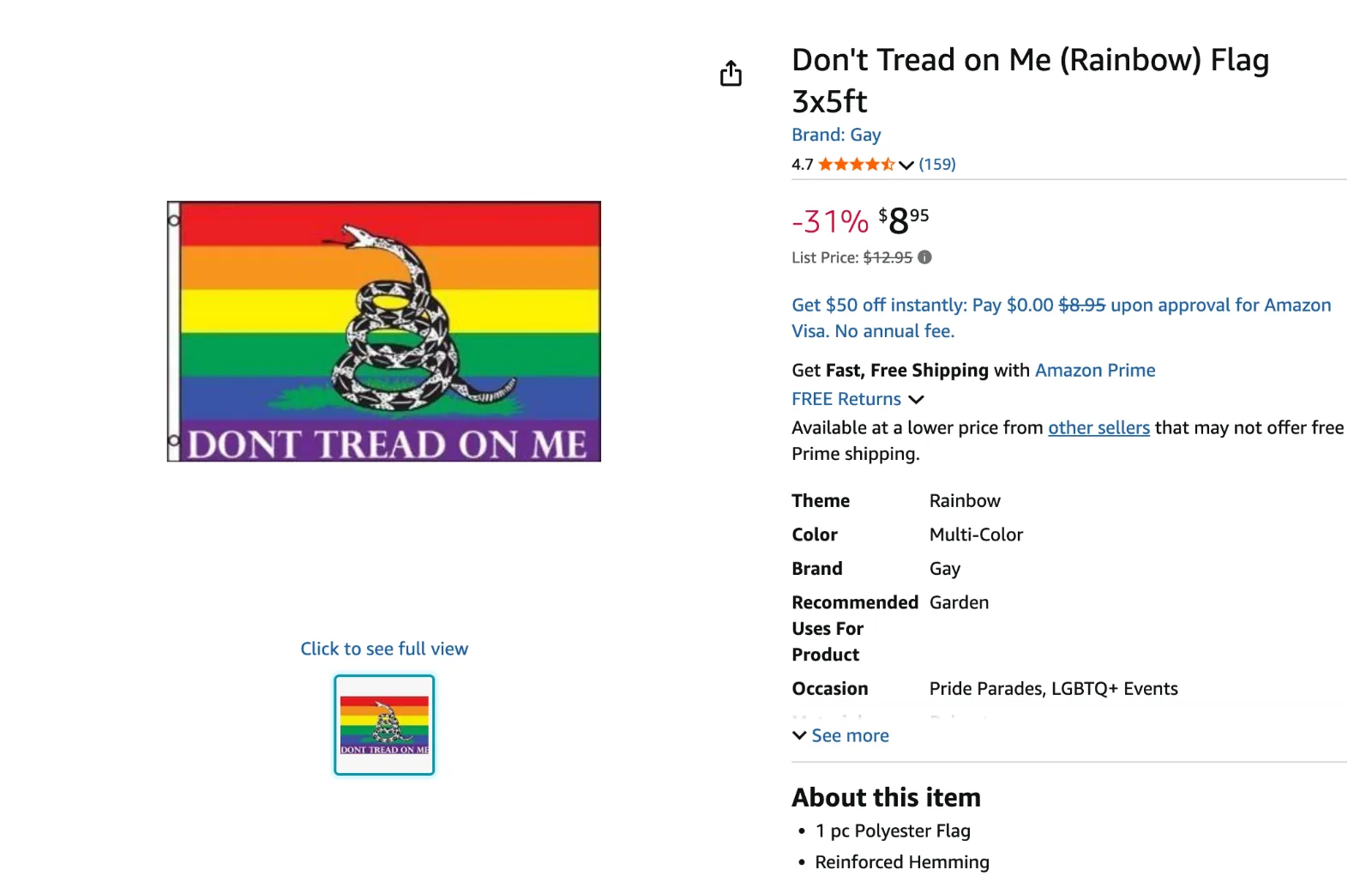 Amazon product listing titled Don't Tread on Me (Rainbow) Flag 3x5ft, brand listed as Gay, showing a six-stripe rainbow flag with a white patterned rattlesnake and DONT TREAD ON ME across the purple stripe.