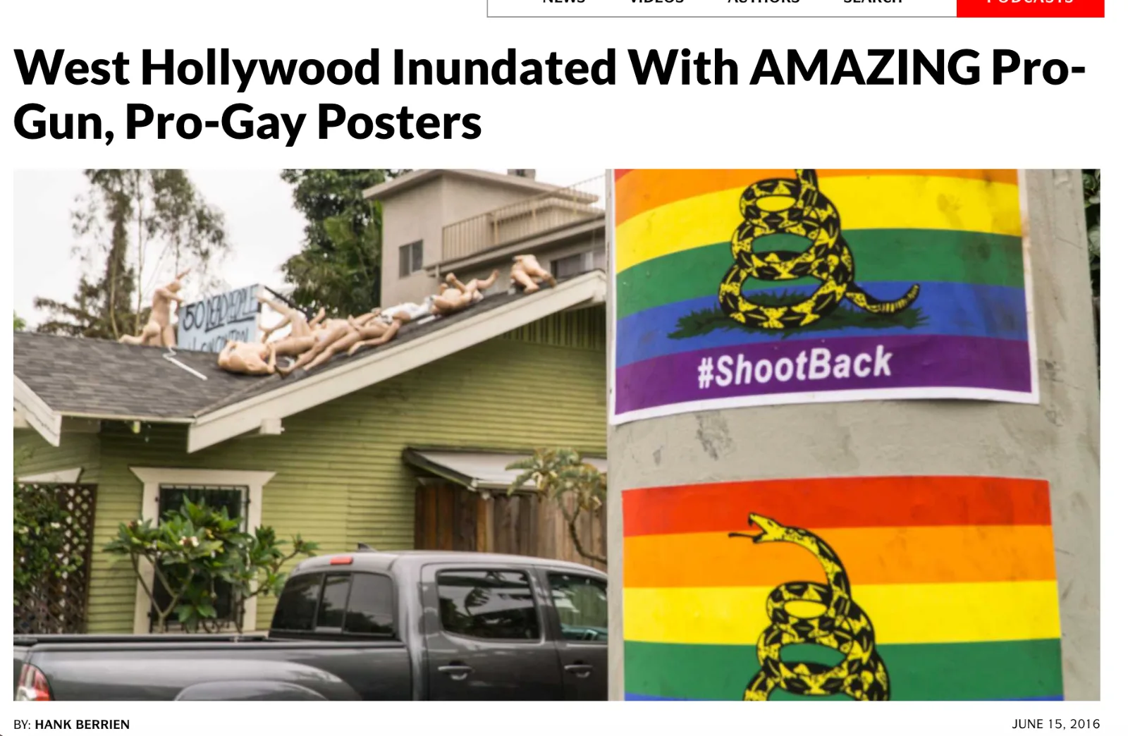 Daily Wire article of June 15, 2016 whose lead photograph shows two rainbow Gadsden #ShootBack posters on a utility pole, with ChadMichael Morrisette's rooftop installation of fifty mannequins visible behind.