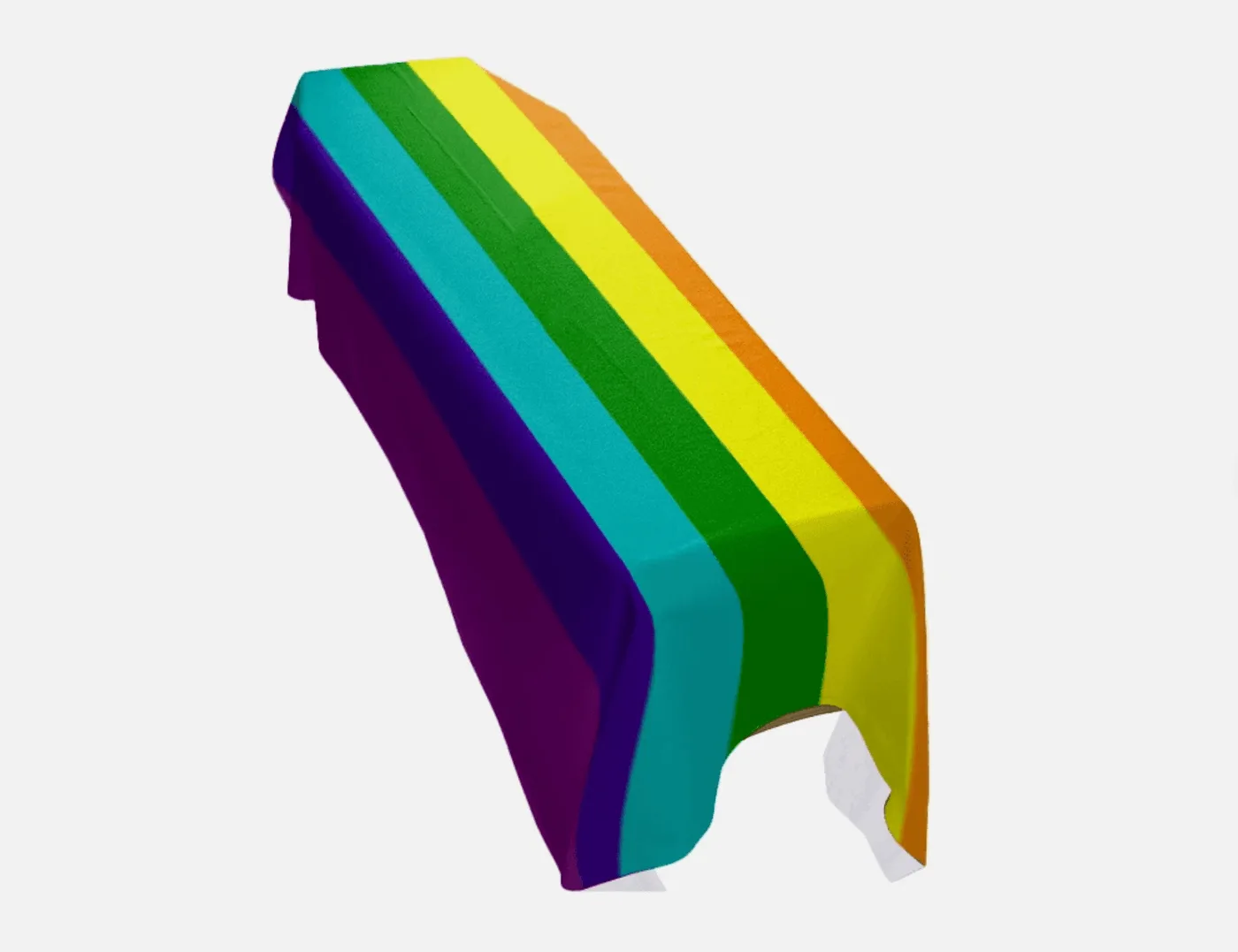 A coffin draped in a seven-stripe rainbow flag showing orange, yellow, green, turquoise, indigo, and violet stripes, photographed against a plain background.