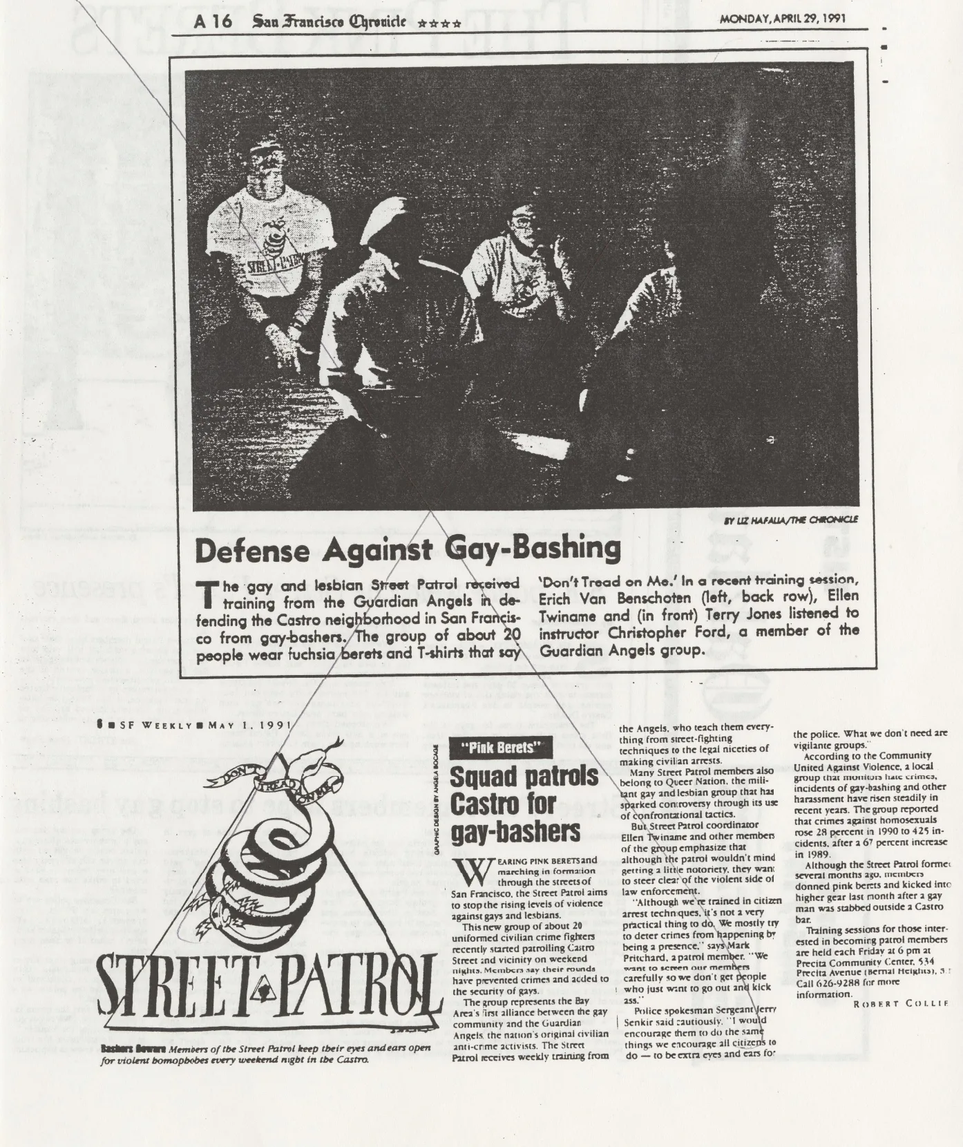 Archival scan of 1991 press coverage of the San Francisco Street Patrol, including its logo: a coiled snake inside a triangle beneath a banner reading DON'T TREAD ON ME, above the words STREET PATROL.