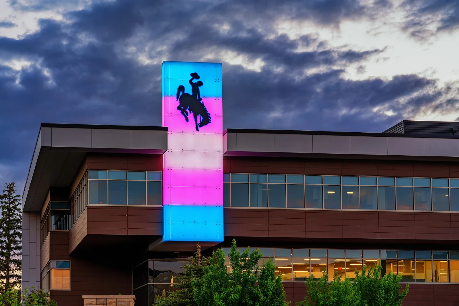 A large glass-fronted building at night, its facade washed in bands of light blue, pink and white.