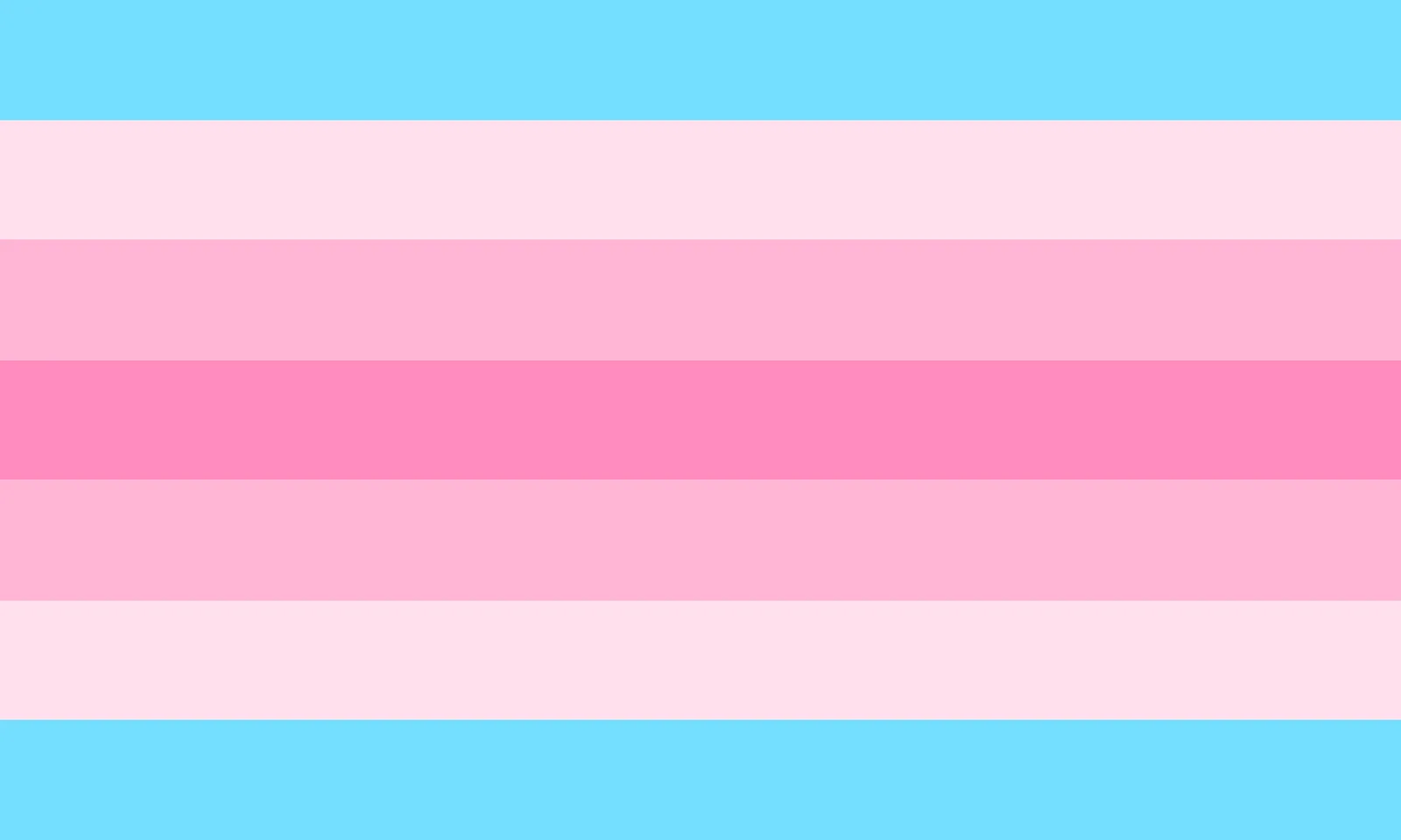 Seven horizontal stripes symmetrical about the centre: blue, light pink, pink, dark pink, pink, light pink, blue, representing transfeminine identity.