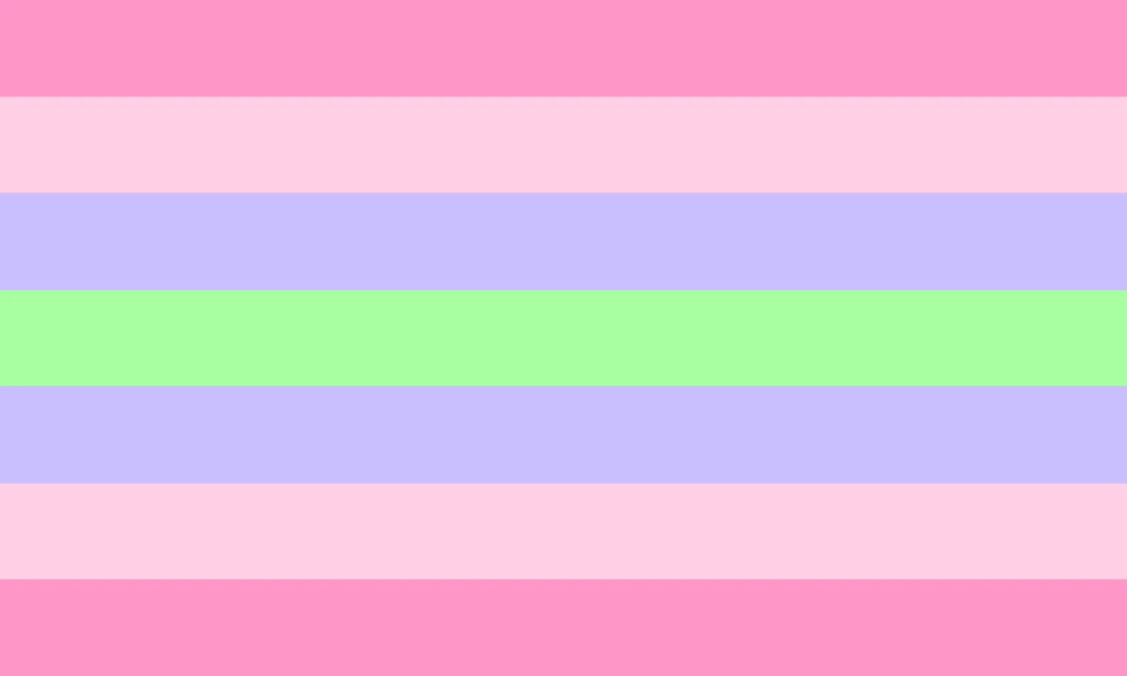 Trigender flag, 2021 rendering: seven mirrored bands of pink, pale pink, lavender and a pale green centre.