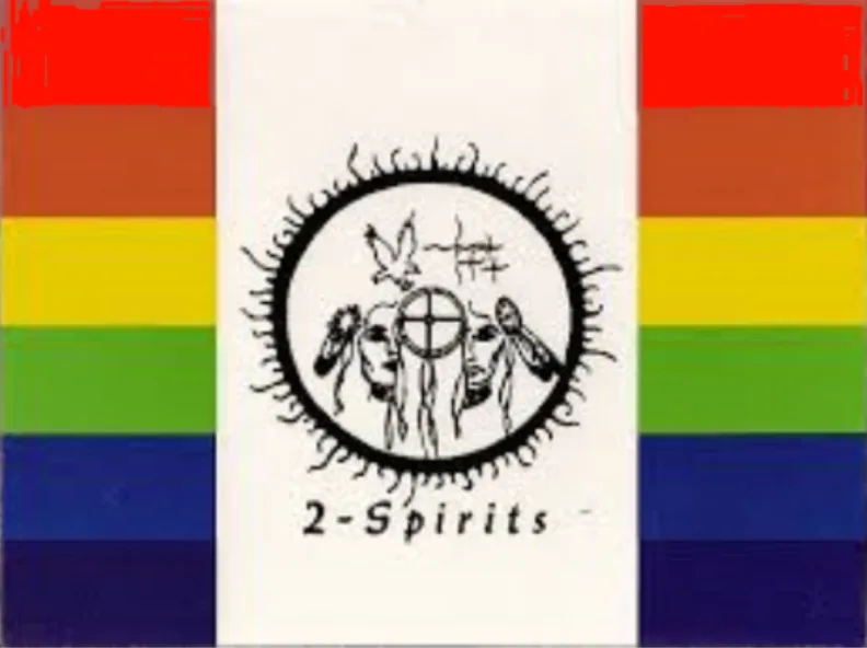 The original Two-Spirit pride flag designed by Art Zoccole, a photograph of the physical flag