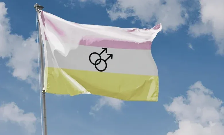 A digitally rendered flag on a pole against a blue sky with clouds, showing the three stripes and the interlocking male symbols.