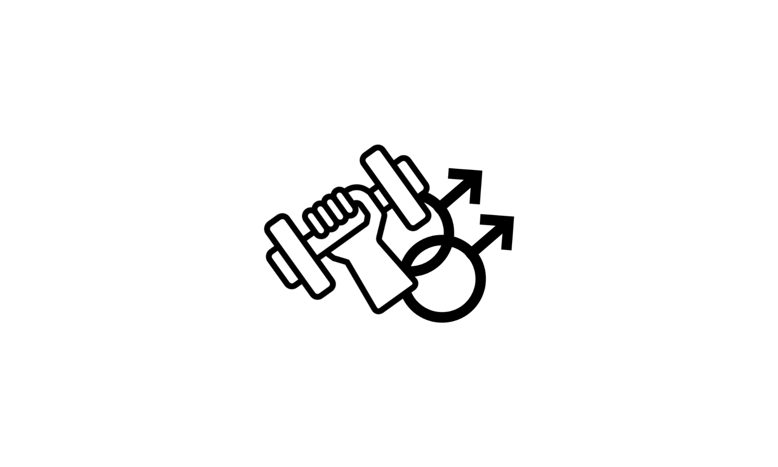 Black line-art device combining a hand gripping a dumbbell with two interlocking Mars symbols, supplied on a transparent field.