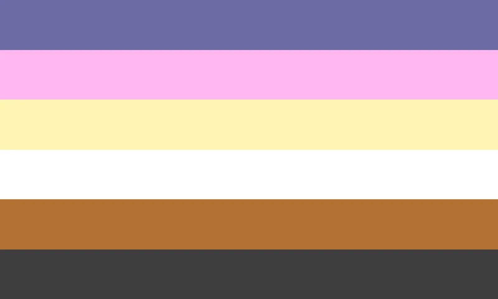 Six equal horizontal stripes in slate purple, pink, pale yellow, white, brown and dark gray, with no symbol.