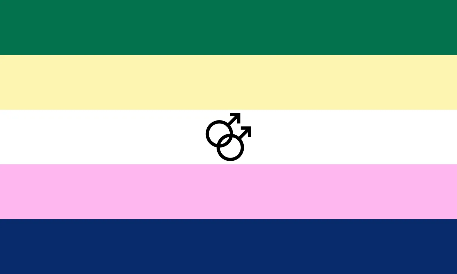 The same earlier design in five equal horizontal stripes of green, pale yellow, white, pink and navy, with a smaller black interlocking double-Mars symbol on the white stripe.