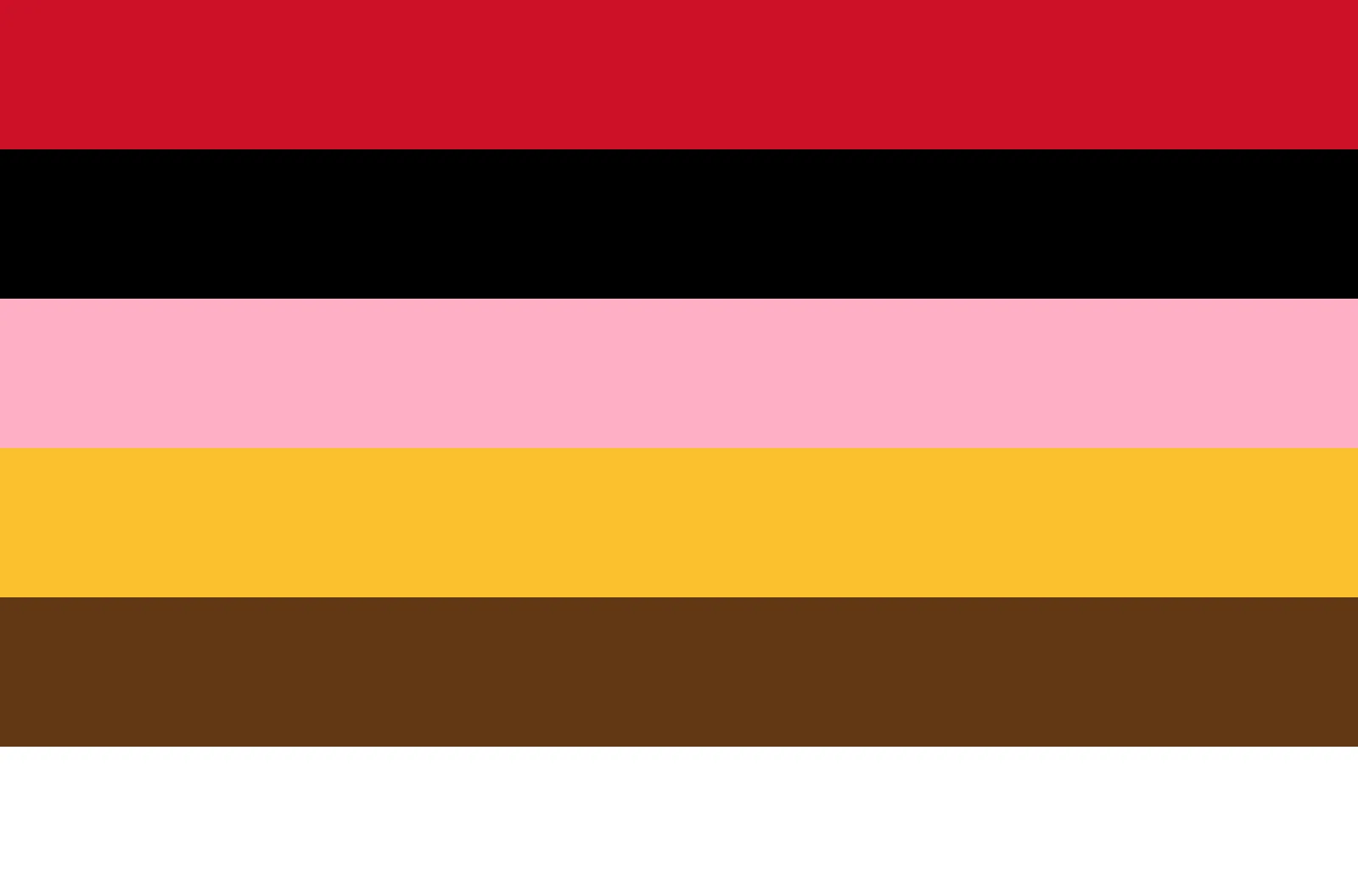 Waria Pride Flag: six equal horizontal stripes in red, black, pink, gold, brown and white from top to bottom.