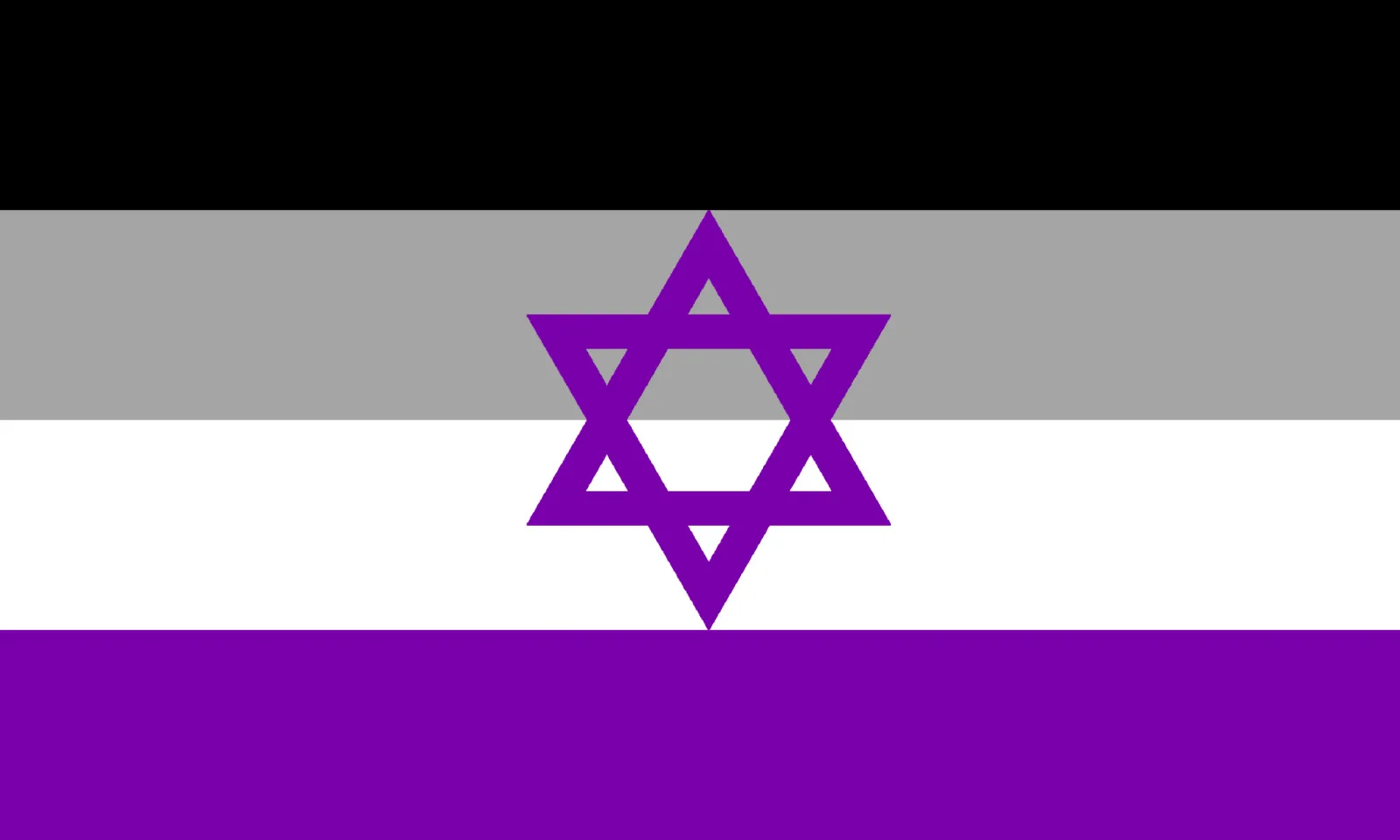 Jewish Asexual Flag: four horizontal stripes in black, grey, white and purple, with an interlaced purple Star of David centred across the grey and white stripes.