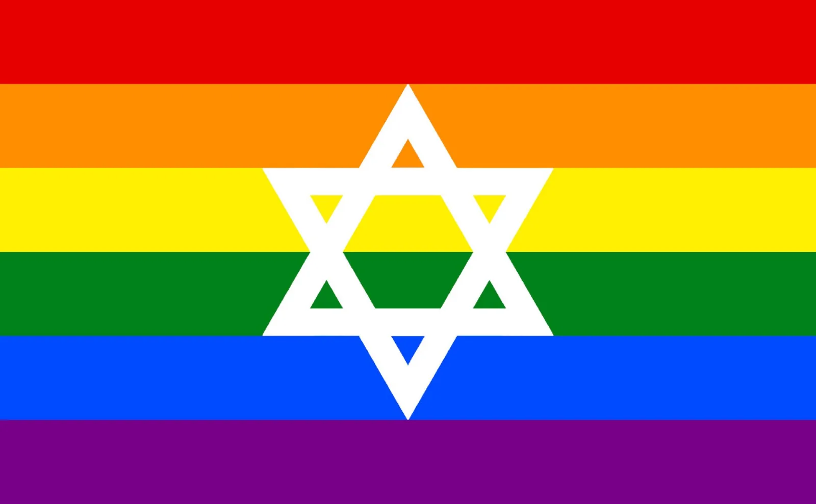 Six rainbow stripes with a large white Star of David outlined at the centre.