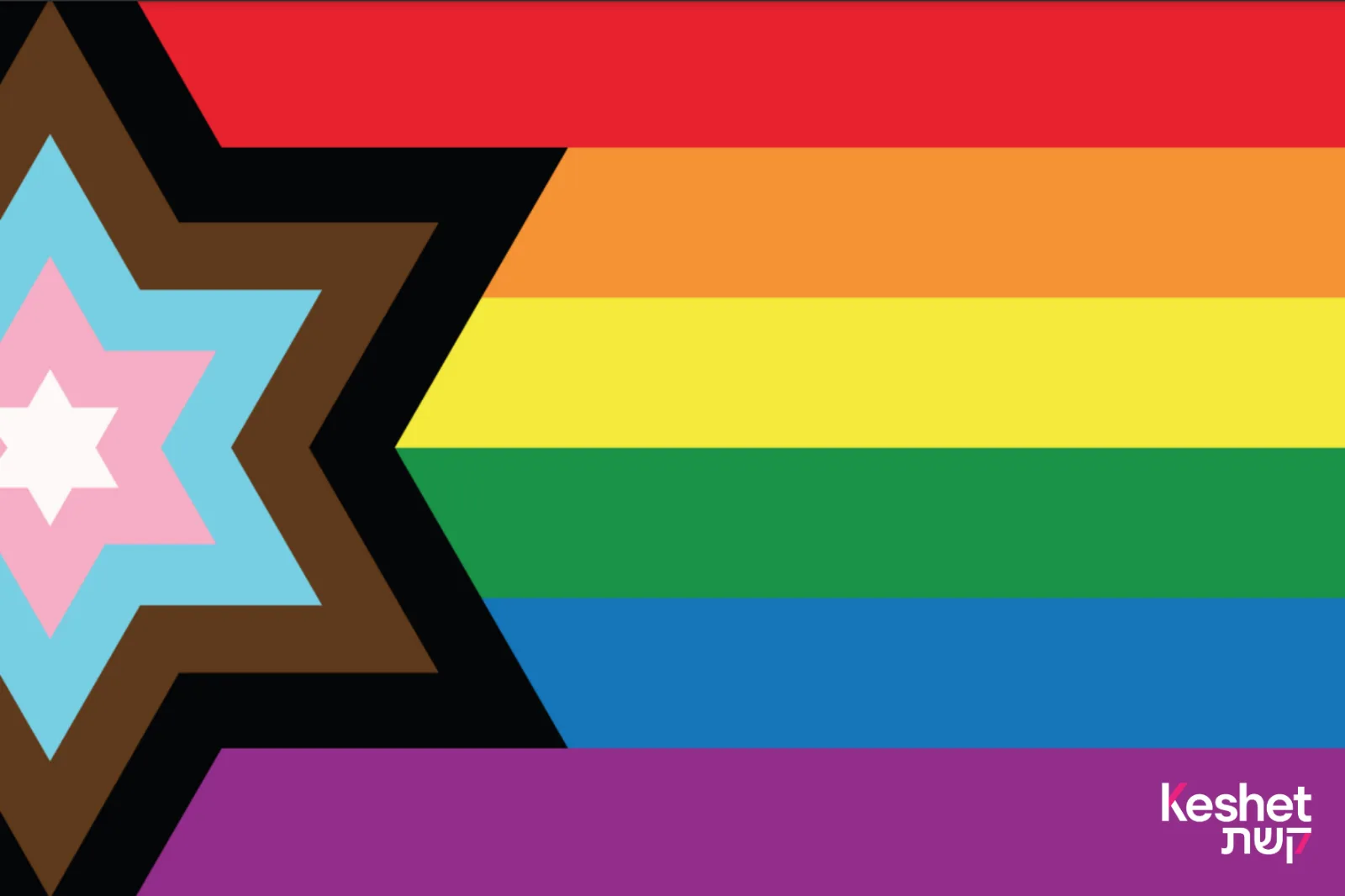 A six-stripe rainbow flag with nested Stars of David in white, pink, light blue, brown and black at the hoist, and the Keshet wordmark at the lower fly.