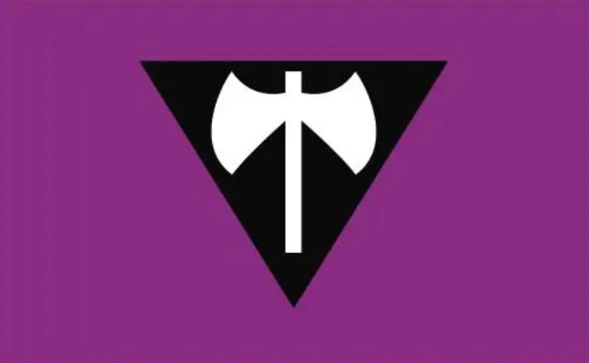 A violet flag with a black inverted triangle at its center and a white double-headed axe standing on the triangle.