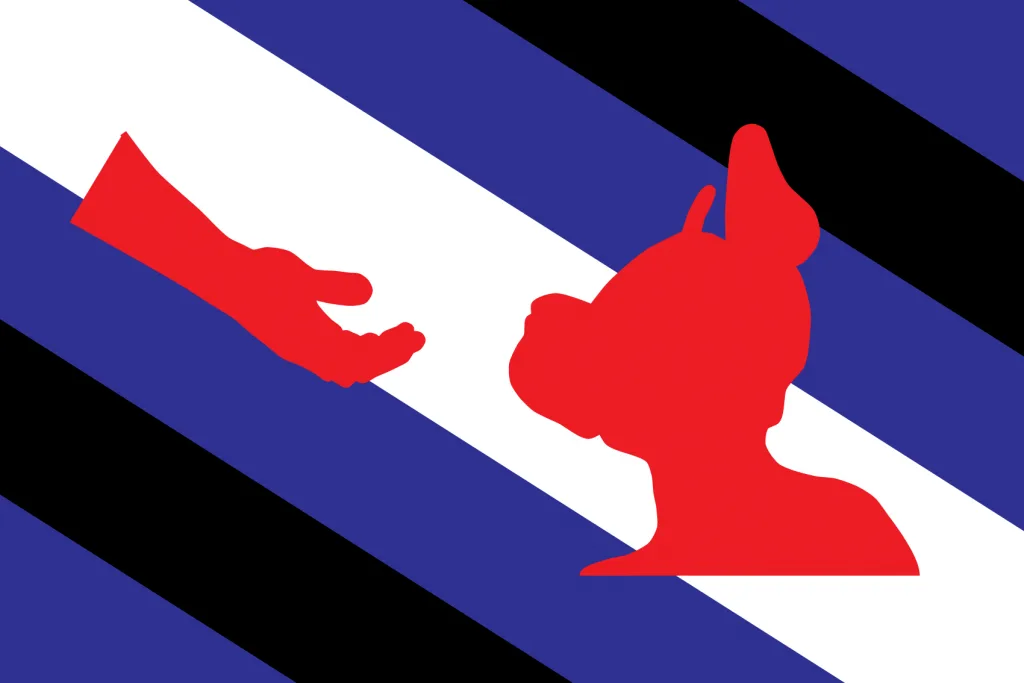 The Pup and Handler pride flag: diagonal black, blue and white bands with a red hand reaching toward a red hooded pup head.