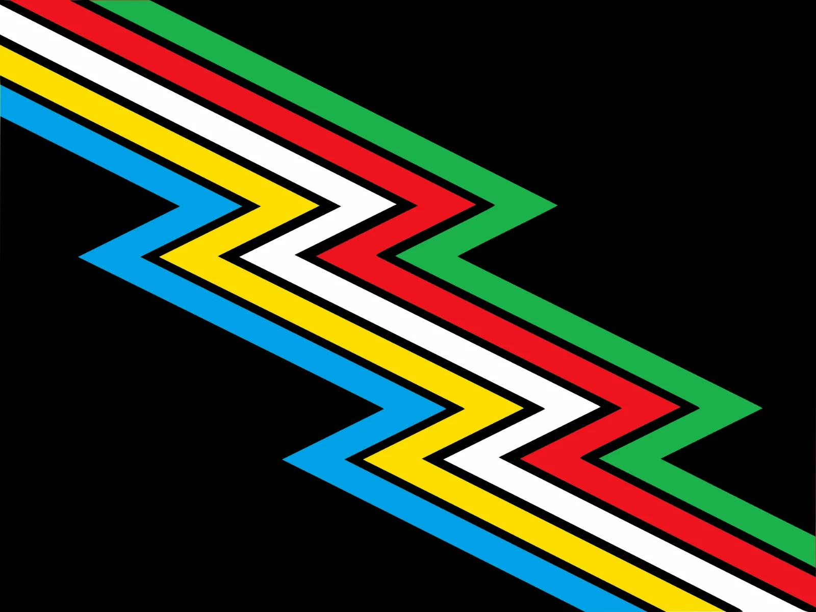 A black field crossed by a broad diagonal band of five zigzagging stripes in bright green, red, white, gold and blue, each separated by black.
