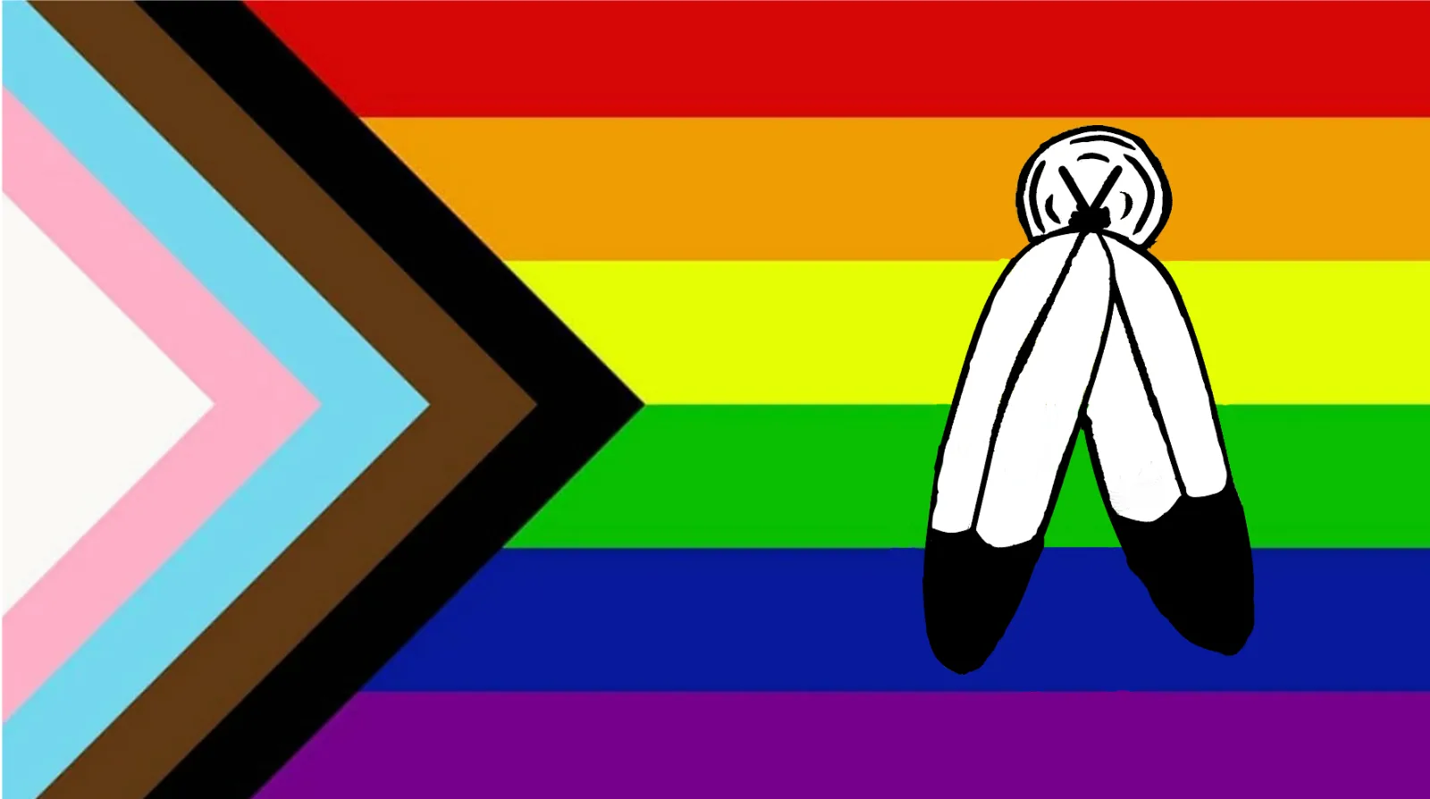 A wide, hand-rendered Progress Pride Flag with six horizontal rainbow bands, a five-color chevron entering from the hoist, and a large black-and-white feather-and-circle device positioned in the fly half.
