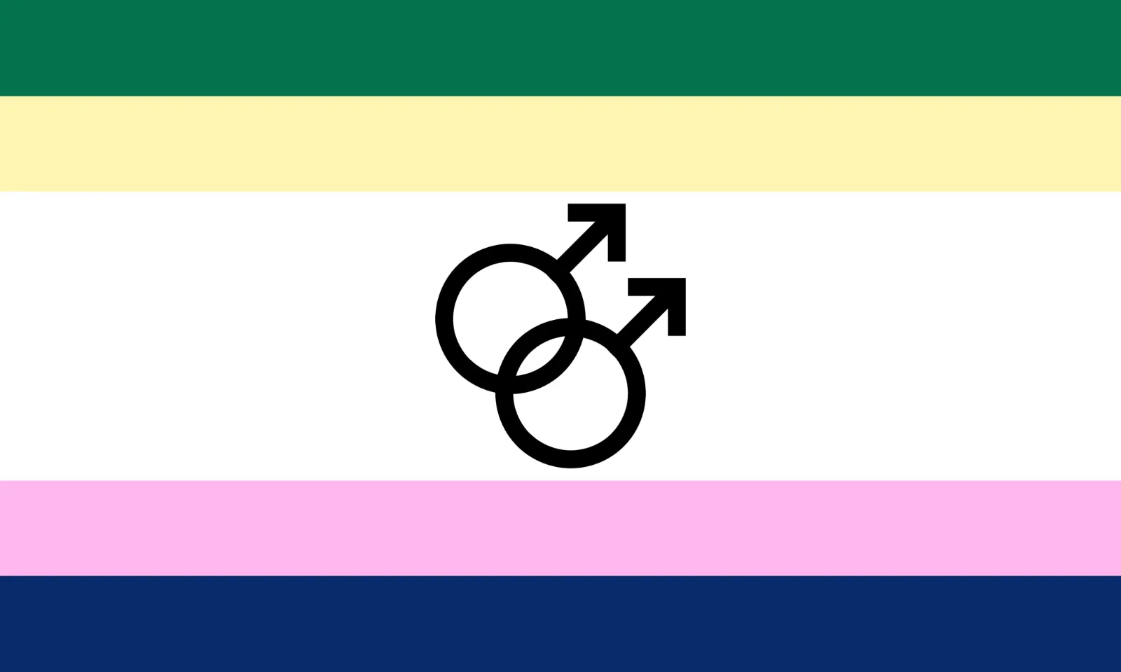Five horizontal stripes in green, pale yellow, white, pink and navy, with a widened white centre stripe and a black interlocking double-Mars symbol centred on it.