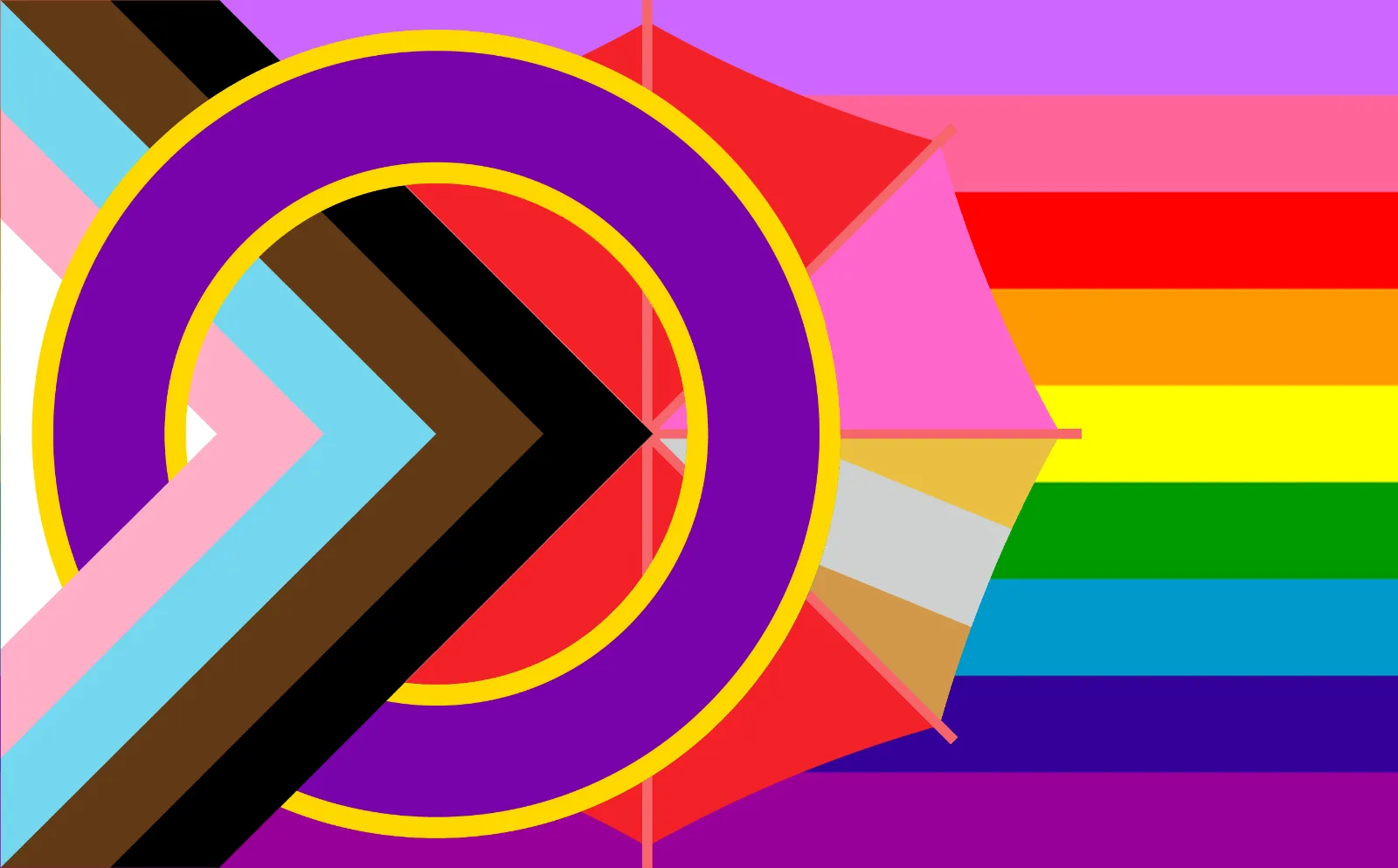 A maximalist pride flag: nine rainbow stripes behind a Progress-flag chevron, with an intersex ring, a red umbrella, a pink triangle and the disability flag's gold, silver and bronze.