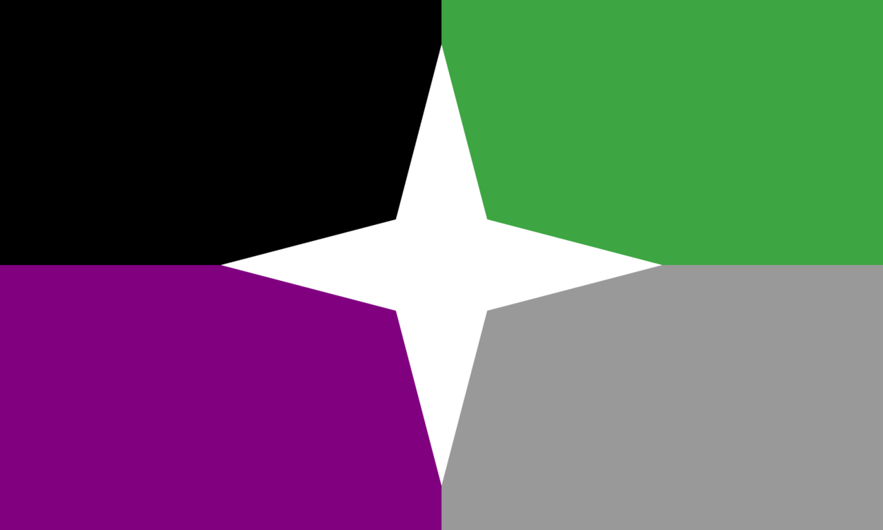 A-Spec Pride Flag: four colored quadrants (black, green, purple, gray) with a white compass rose in the center