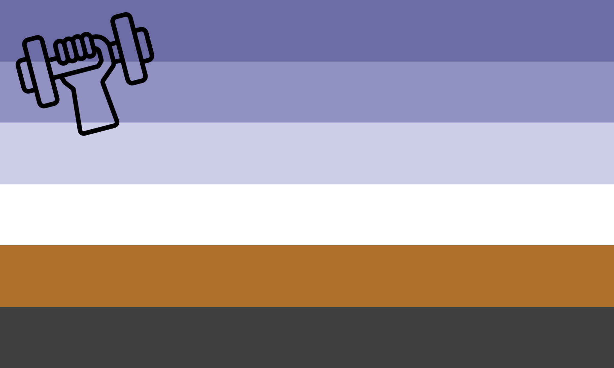 Six equal horizontal stripes in slate purple, mid purple, pale lavender, white, brown and dark gray, with a black hand gripping a dumbbell at the upper hoist.