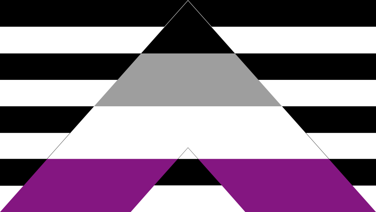 Asexual Ally Flag: a field of black and white horizontal stripes charged with a large letter A carrying the asexual flag's black, grey, white and purple.