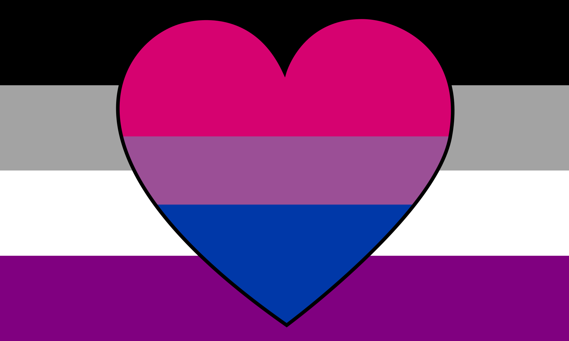 The Biromantic Asexual Pride Flag: four horizontal stripes in black, grey, white and purple with a black-outlined heart at the centre carrying magenta, lavender and blue.