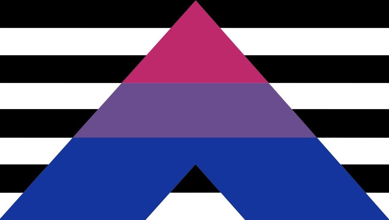Bisexual Ally Flag: a field of black and white horizontal stripes charged with a large letter A carrying the bisexual flag's magenta, purple and blue.