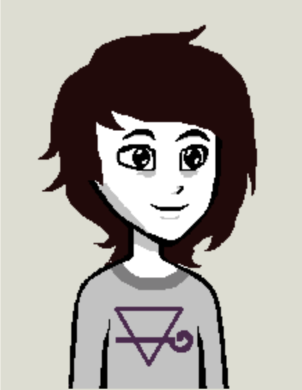 An illustrated avatar of a person with dark shoulder-length hair in a grey jumper bearing a purple triangular symbol.