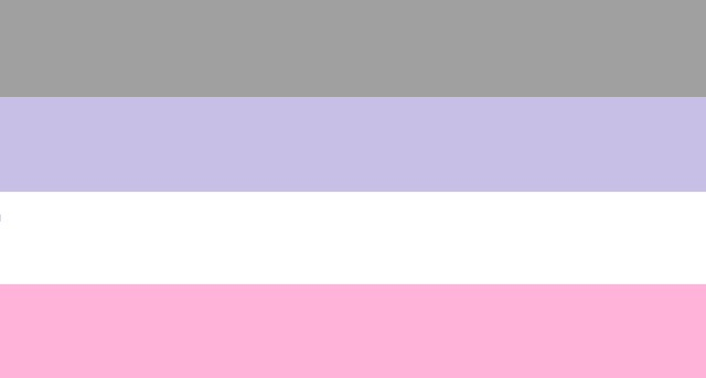 Cupiosexual pride flag as published in November 2015: four horizontal bands of grey, lavender, white and pink.