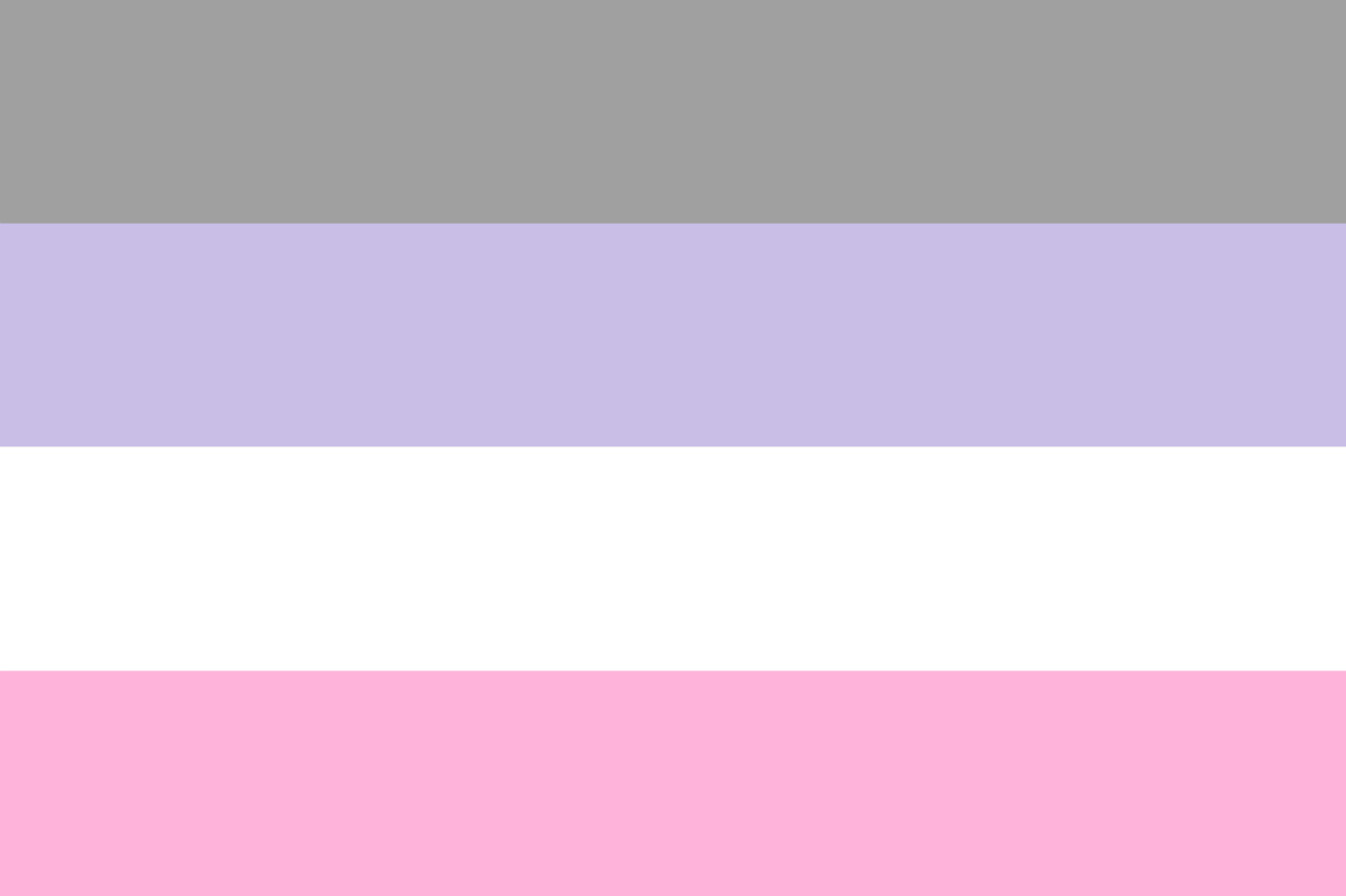 Cupiosexual pride flag as re-rendered in 2021: four horizontal bands of grey, lavender, white and pink.